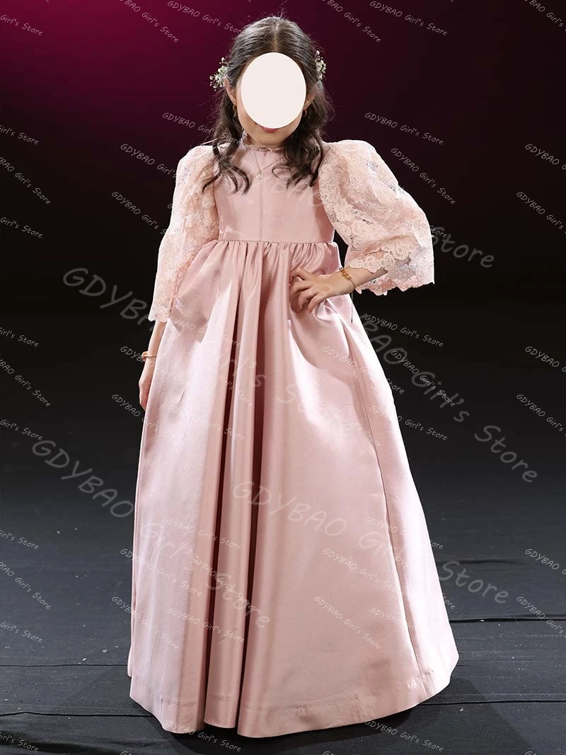 

Customized Girls Party Gown Lace Sleeve Pleated Satin Flower Girl Dress for Wedding Toddlers High Waist Princess Communion Dress
