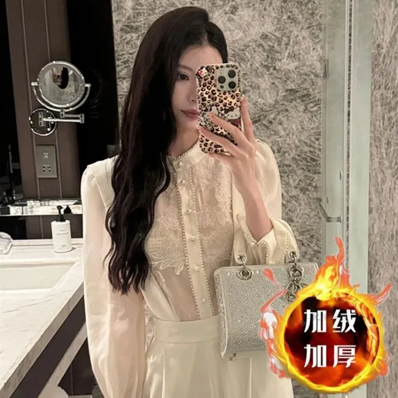 

Новая бархатная французская ретро-вышивка крючком рубашка с воротником-стойкой и длинными рукавами, женский топ с бисером