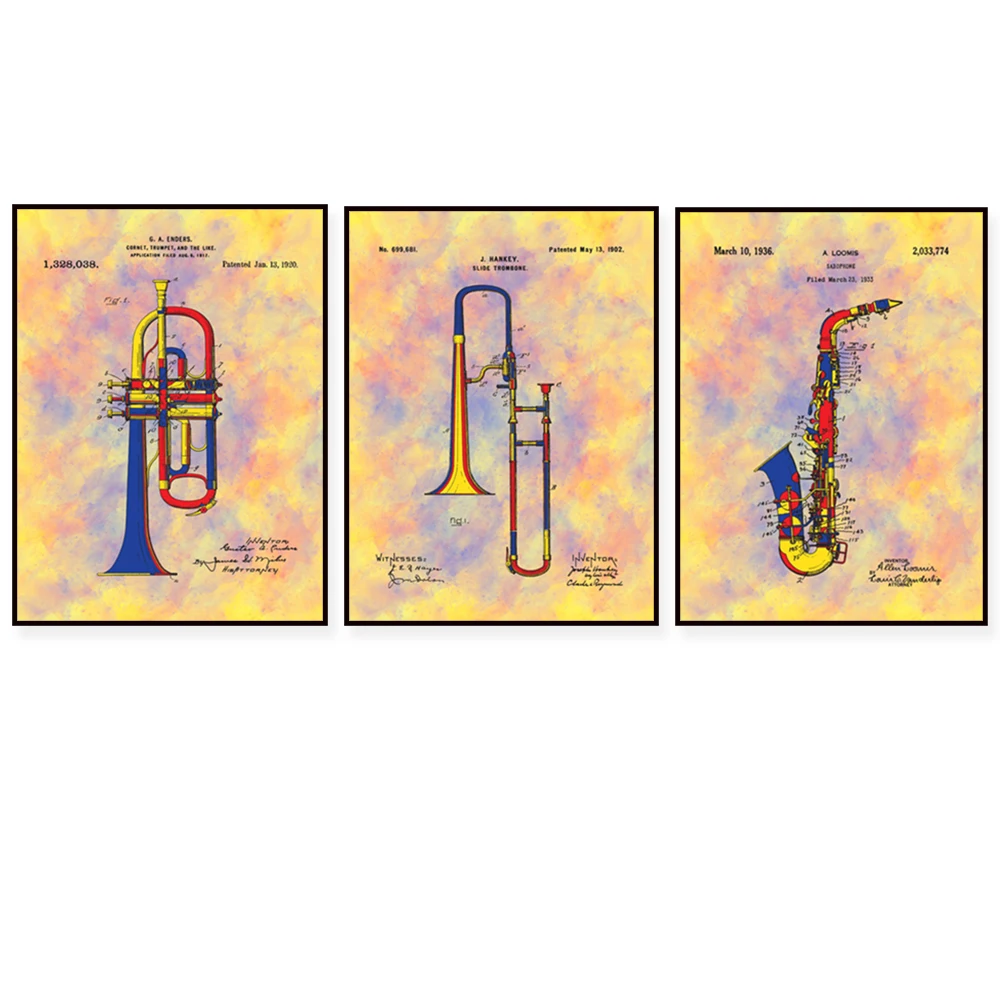 Saxophone patent, trombone, trumpet poster musical instrument print canvas wall art picture for living room home decor