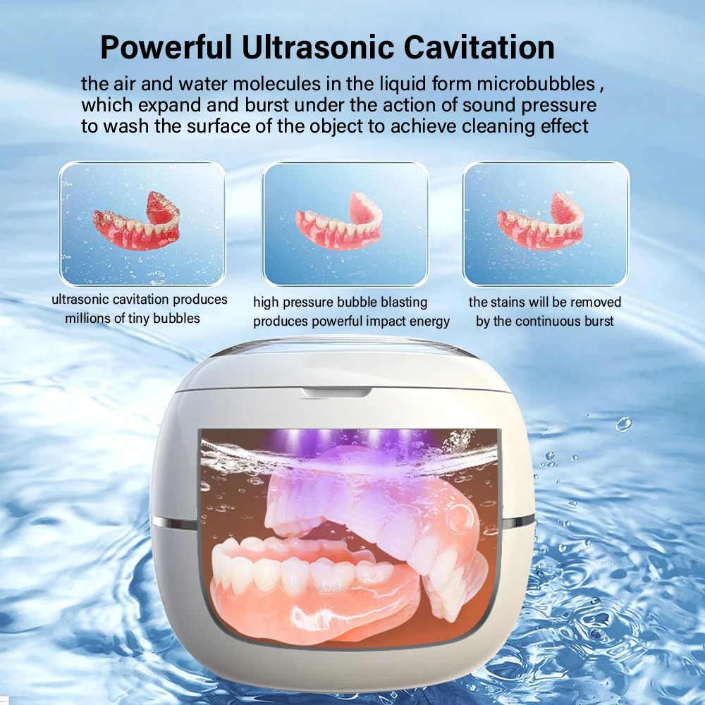 Ultrasonic Cleaner For Retainers Dentures Jewelry Cleaning Machine Mini Portable UV Ultrasonic False Teeth Retainer Cleaner