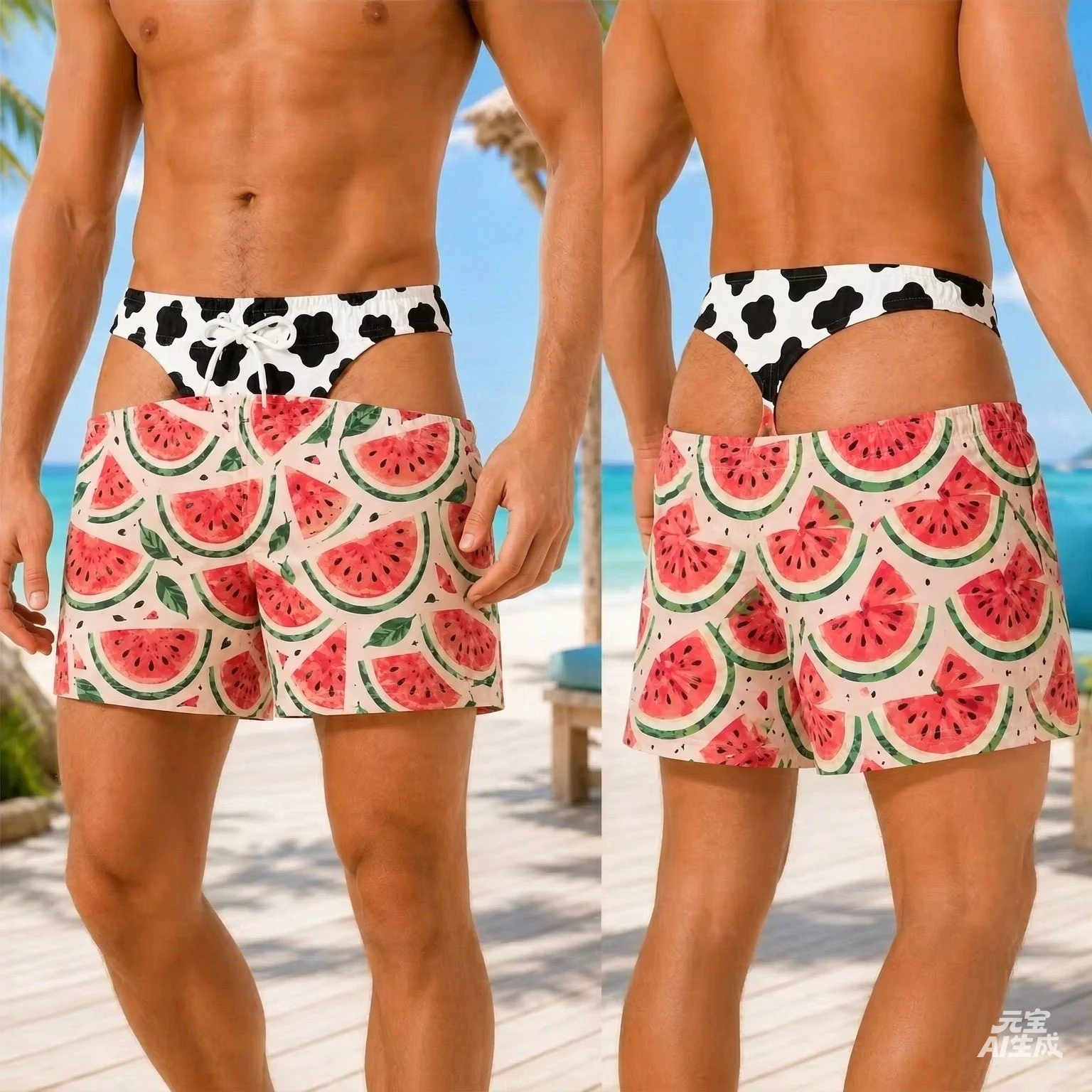 Funny 3D Print Buttock Pattern Fruit Theme Swim Trunks Men Humorous Prank Design Beach Party Novel for Husband or Boyfriend