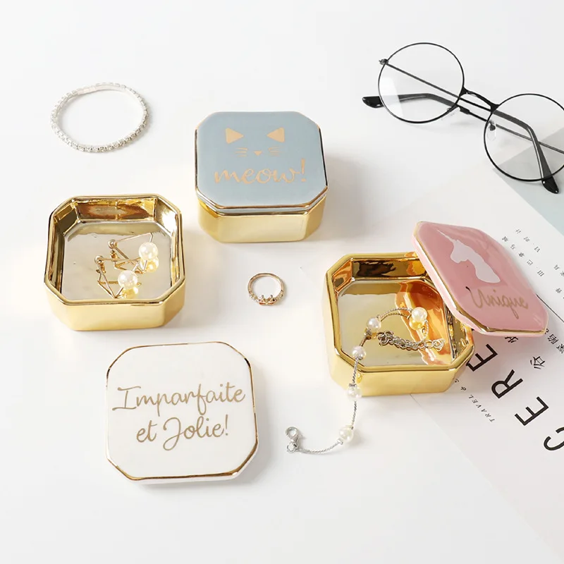 

1Pc Ins Style Nordic Girl Portable Desktop Jewelry Box Electroplating Ceramic Ring Storage Box Necklace Earrings Storage Tank