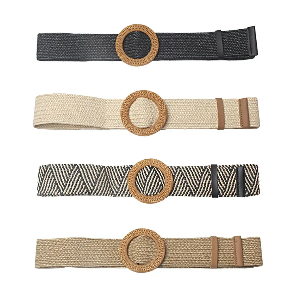 Bohemian woven waistband Wide stretch belt with a round wooden buckle