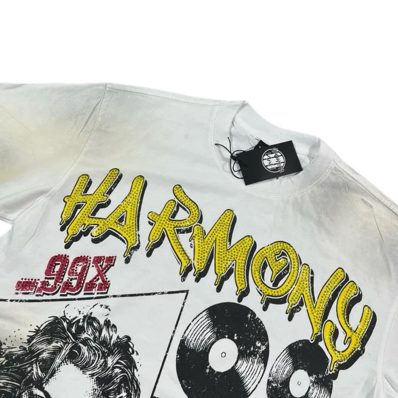 Record Woman Graffiti Rhinestone Letter Washed Worn White HARMONY Tshirts Men Round Neck Cutting Short Sleeve Street Outfit