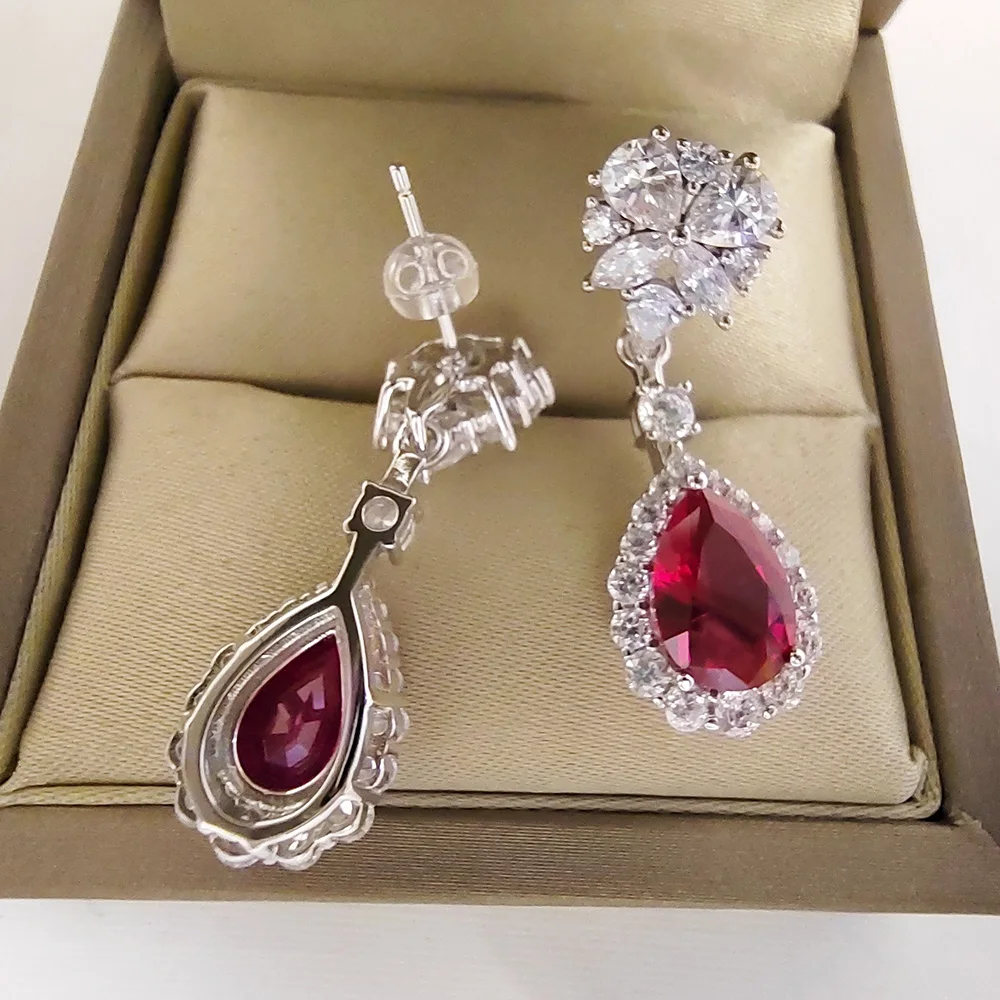 7*10MM Ruby 925 Earrings Woman OL Style Sterling Silver Jewelry Anniversary Birthday Party Gift