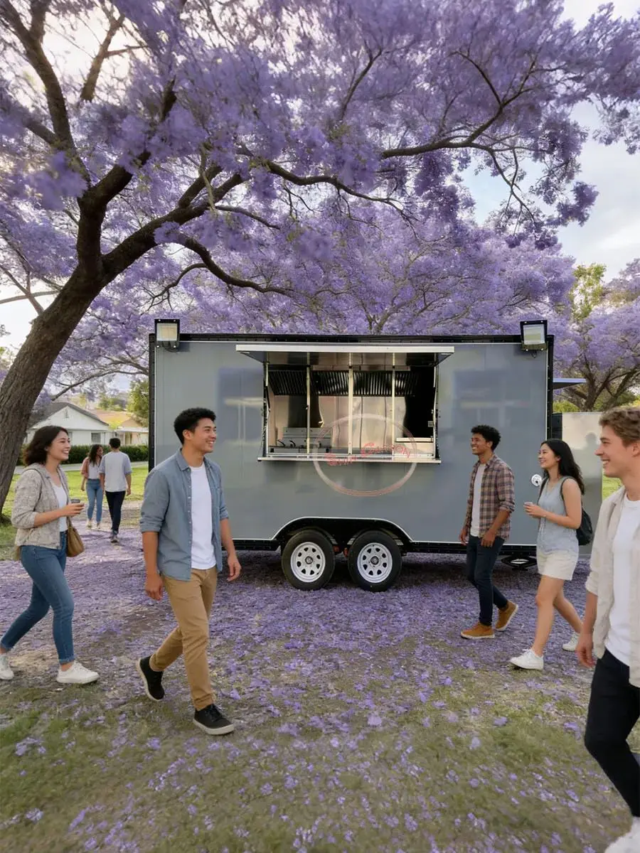 

Outdoor Food Trailer Silver-Gray Dual-Wheel Structure with Side Serving Window Catering Truck Mobile Kitchen Trailer