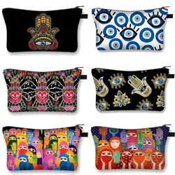 Hand of Fatima Painting Cosmetic Case Turkish Blue Evil Eye Makeup Bag Women Mandala Flower Beauty Bags Toiletry Bags Gift