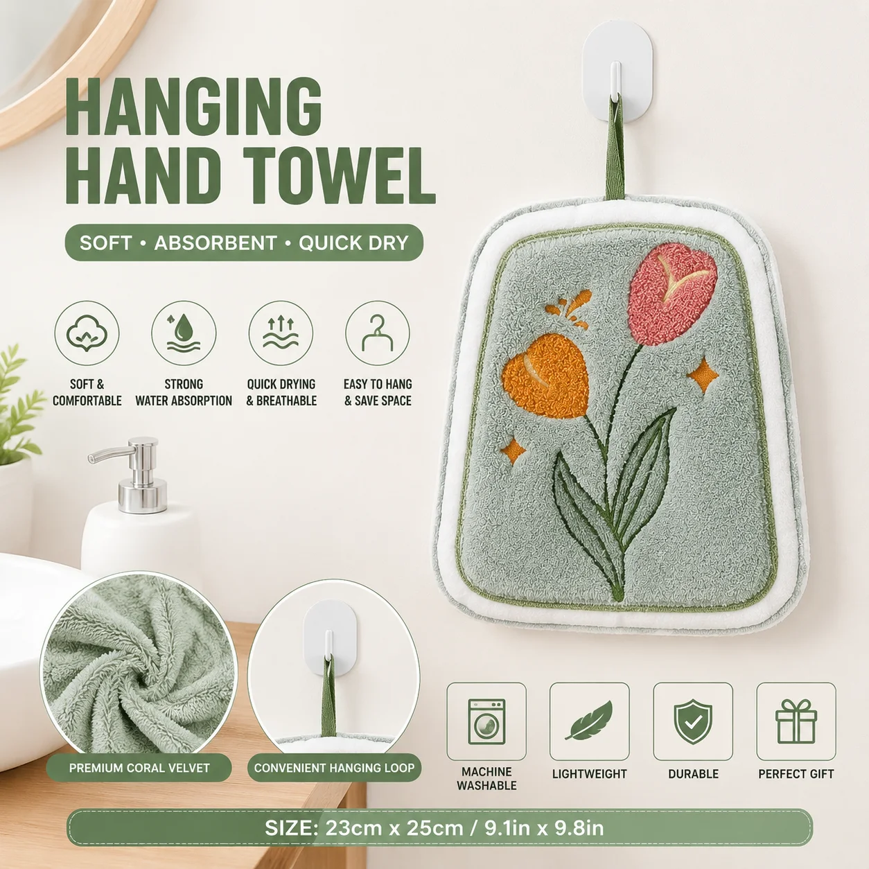 Hanging Coral Fleece Small Square Towel, Flower Shape Thick Absorbent Hand Towel Odor & Mold Resistant