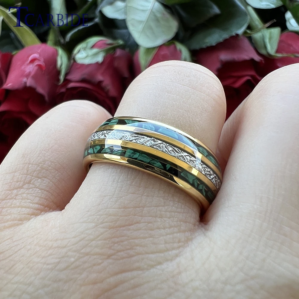 Dropshipping 8MM Men Women New Wedding Band Tungsten Carbide Ring with Bright Meteorite and Malachite Inlay Comfort Fit view 6