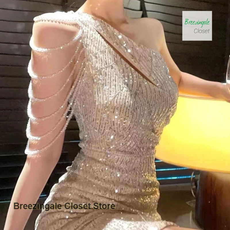 French high-quality temperament inclined collar off-the-shoulder sleeveless diamond chain shiny slim waist pocket hip dress