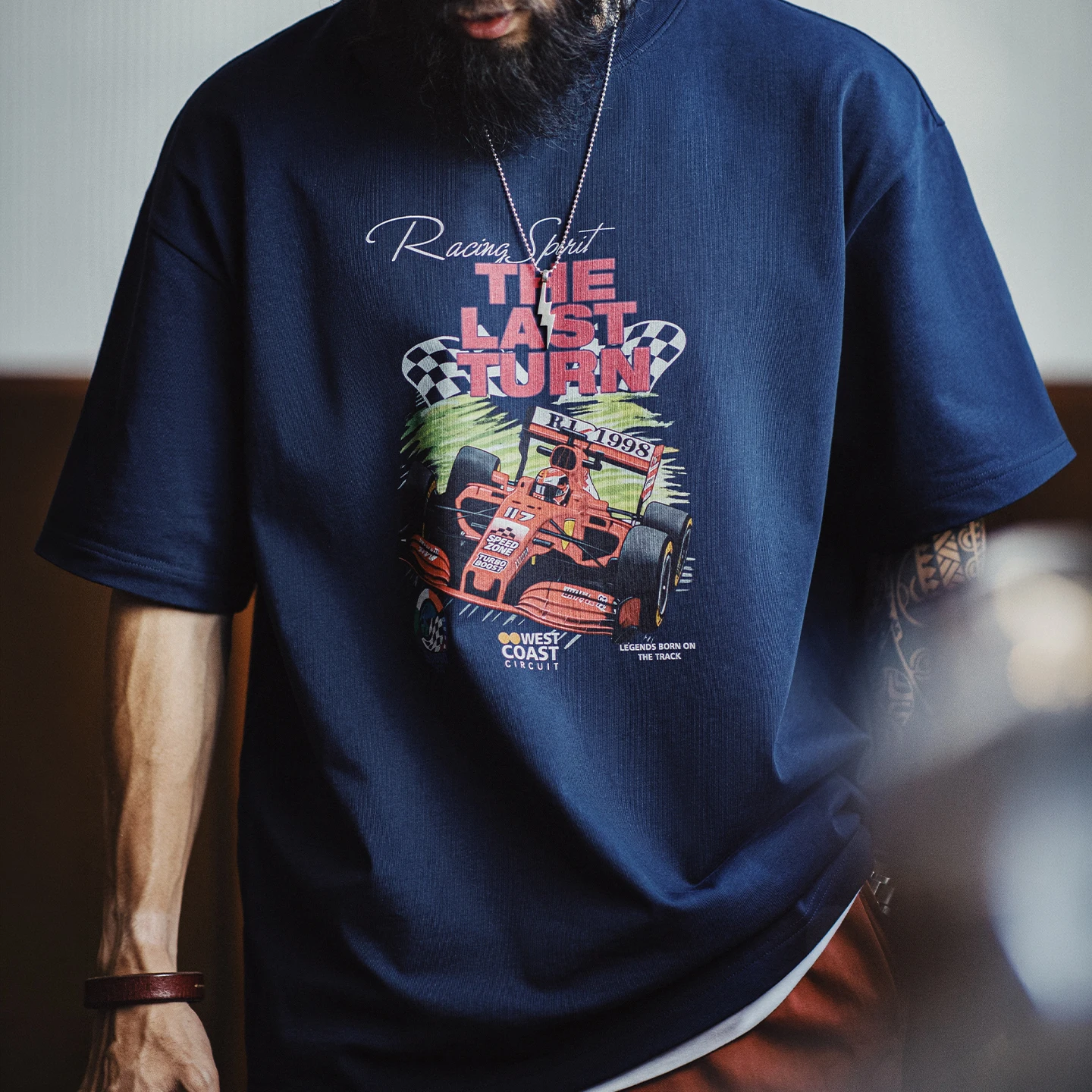 MADEN Vintage Men's Short Sleeve T-Shirt 100% Cotton Racing Graphic Print Oversized Loose Streetwear Casual Mens Tee Summer