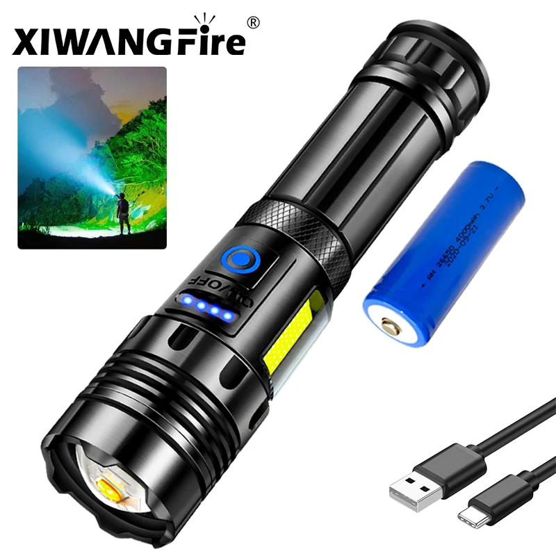 Super Bright XHP70 Powerful Led Flashlight Power Bank Torch Light USB Rechargeable Camping Tactical Flashlight with COB Lamp