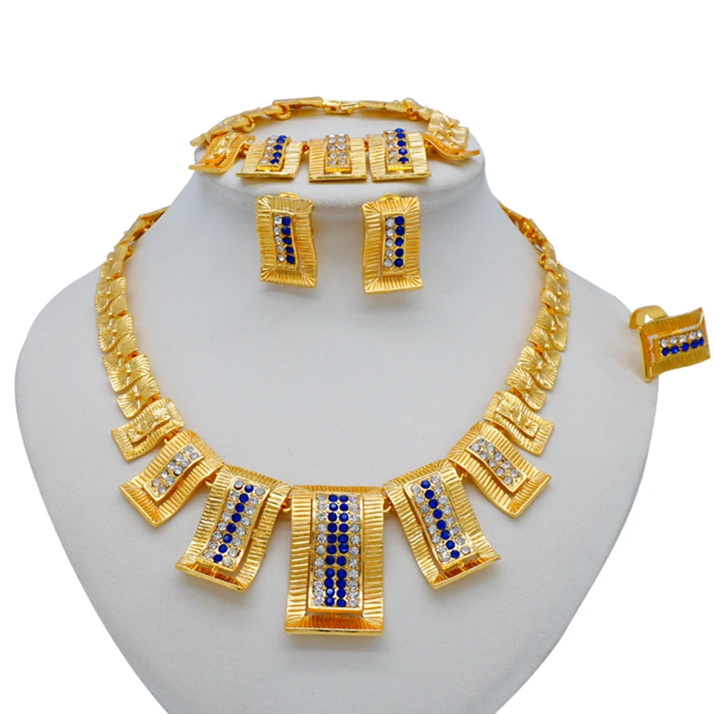 

New Arrivals Dubai Jewelry Sets For Women Crystal Gold Color Necklace Earrings Bracelet Ring Wedding Jewelry Sets