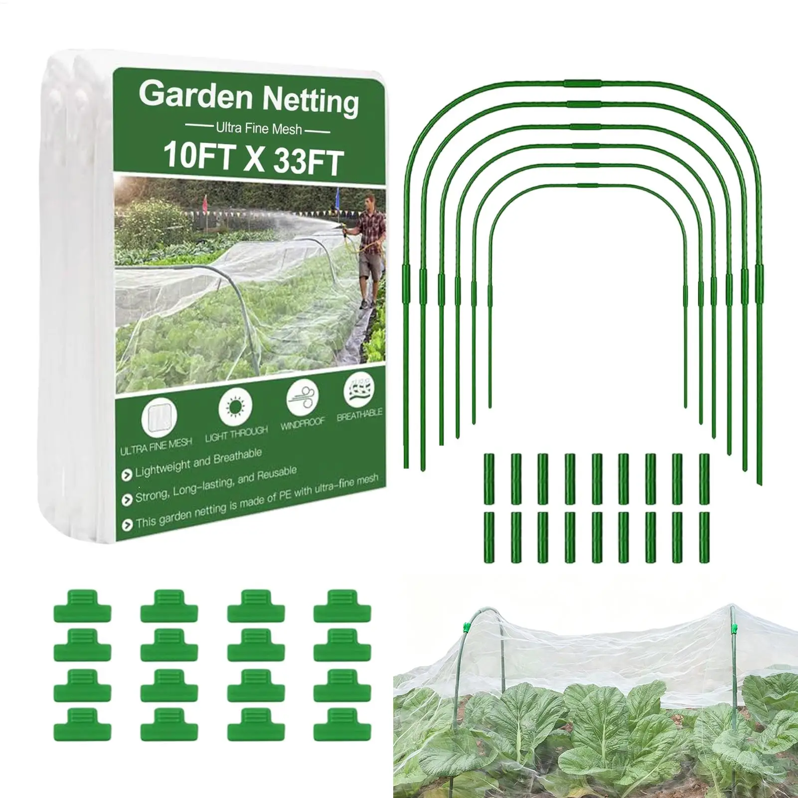 Garden Netting Kit 10x33ft Sun Shade with Stakes Anti Gnat Plant Cover for Vegetable Flower Strawberry Blueberry Greenhouse
