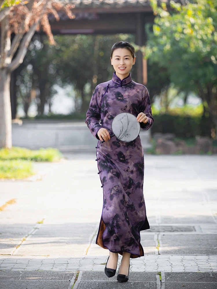 

Ele Handmade Purple Floed Qipao Full Buttoned Winter Daily Vintage Chinese Sle Long Dr Low Slit High Warmth Long S...