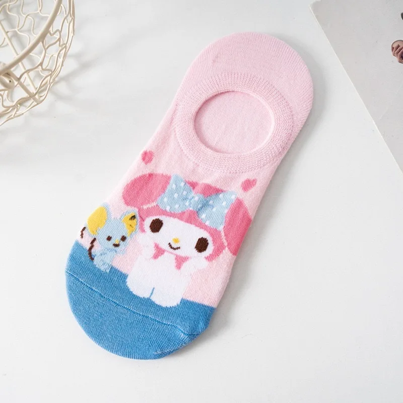 MINISO-Meias de barco invisíveis para mulheres, boca rasa, fofas, respiráveis, cintura baixa, anime, sanrio, hello kitty, hello kitty