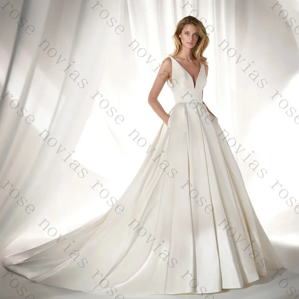 Customized Elegant Satin Deep V-neck A-line Summer Wedding Dresses for 2026 New Modern Sleeveless Ruffle Minimalist Bridal Gown