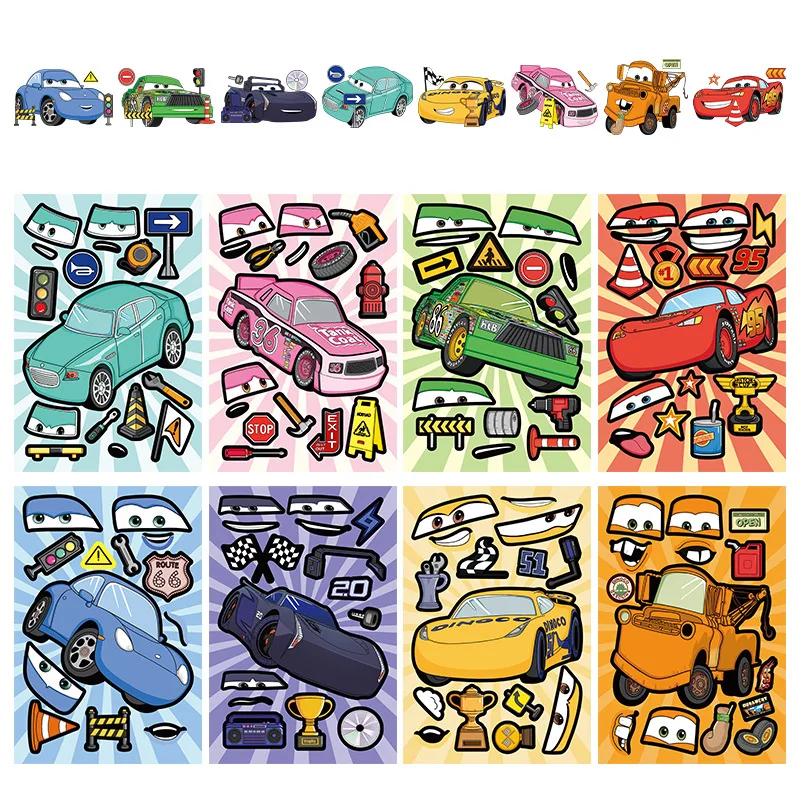 8/16 ورقة ديزني سيارات جعل الوجه لغز ملصق DIY بها بنفسك الهاتف المحمول الأمتعة سكيت الكتابة على الجدران الشارات متعة للطفل هدية #3