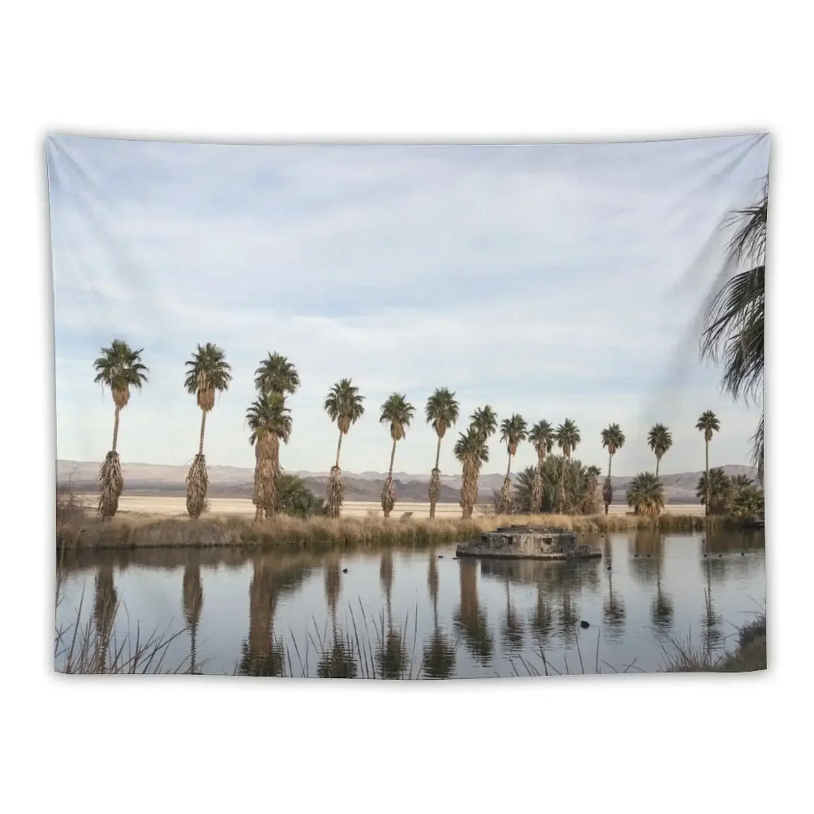 California Lake Lined Palm Tree Photograph Tapestry Mushroom Wall Carpet Tapestry