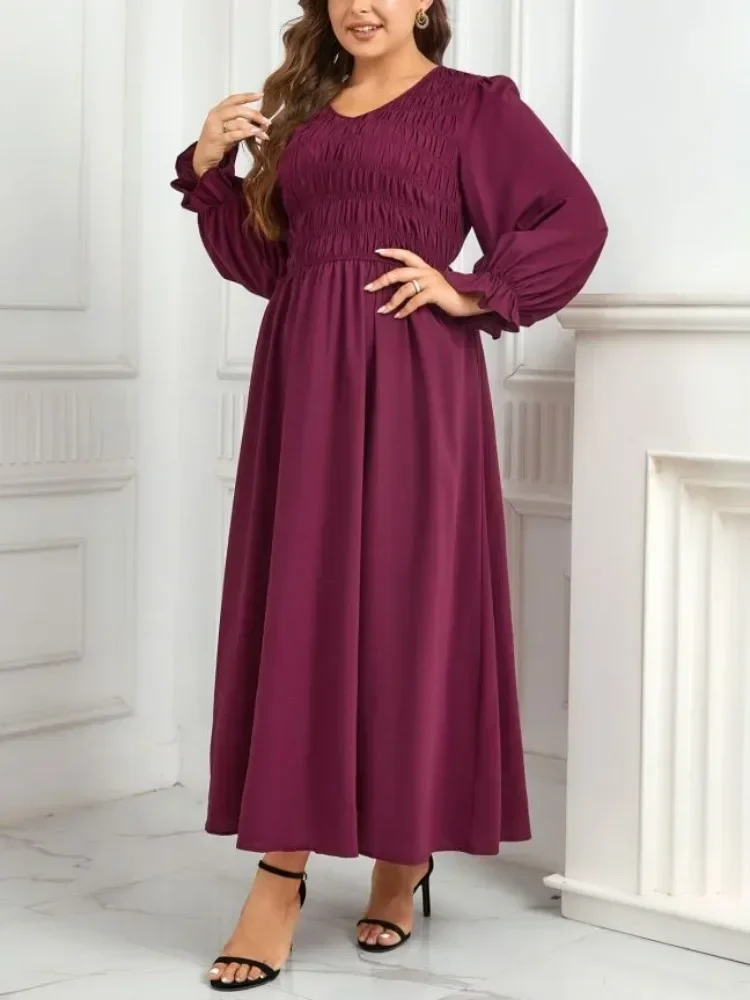 Plus Size Ruched Women Dresses V Neck Elastic Long Puff Sleeves Autumn Fall Sprimg Robe Solid Color Flowy Odzież Damska