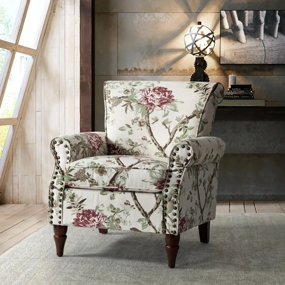 Modern Wingback Accent Chair with Wood Legs & Removable Cushion, Comfy Upholstered Armchair with Nailhead Trim, Flor