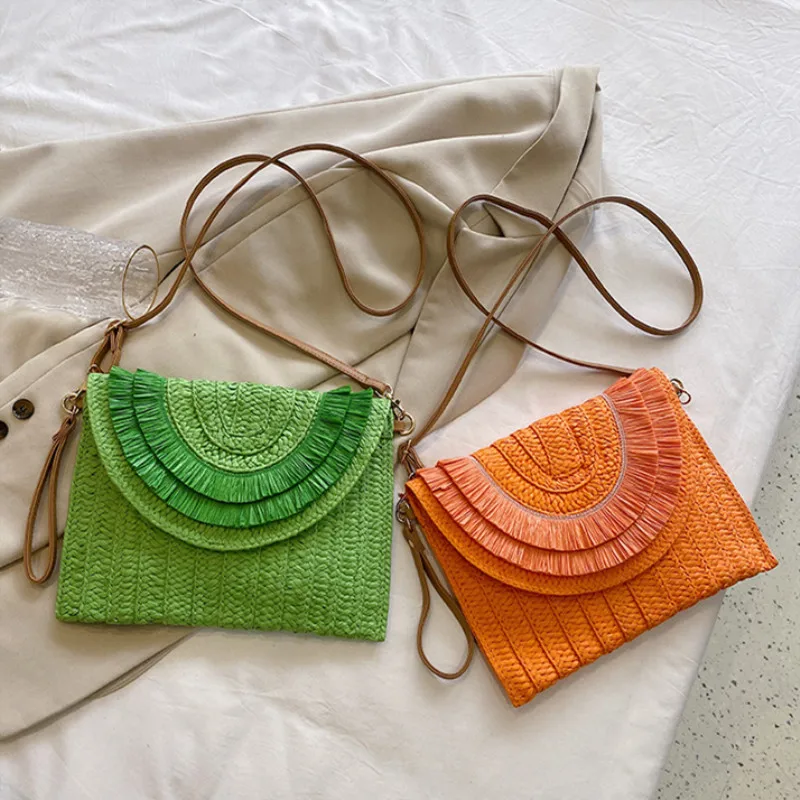 Weaving Bags Fashion Ladies Wristlet Clutches Summer Straw Women Shoulder Crossbody Bags Money Purse Woven Hand-woven Handbags