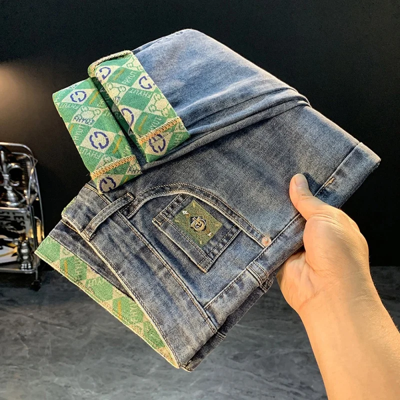2024 Summer Thin Casual Printed Jeans For Men'S New Trendy Elastic Slim Fit Straight Barrel Washed Casual Fashion Denim Pants