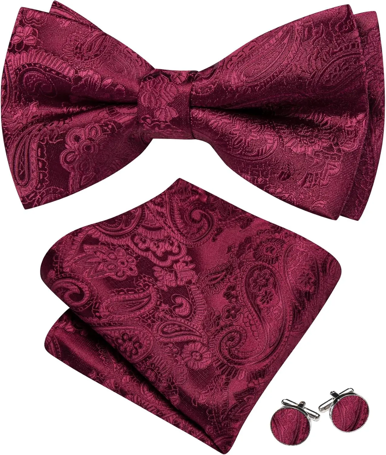 

Pre-Tied Men's Bow Tie Set with Handkerchief & Cufflinks, Striped Paisley Pattern, Adjustable, Wedding Party