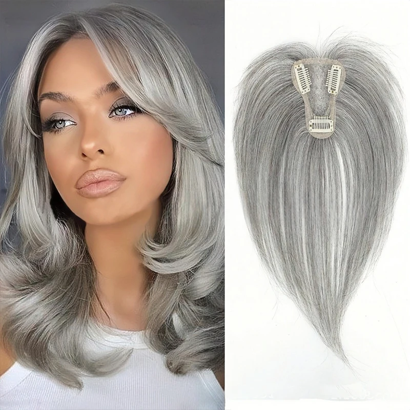 

Wig piece for women, with bangs covering their white hair and a thin invisible replacement piece for their hair