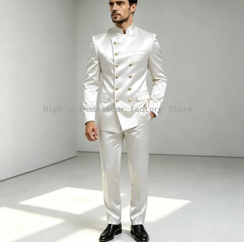 Luxury Satin Men Suits 2‑Piece Stand Collar Double Breasted Jacket Pants Set Formal Wedding Groom Tuxedo Party Business Costume