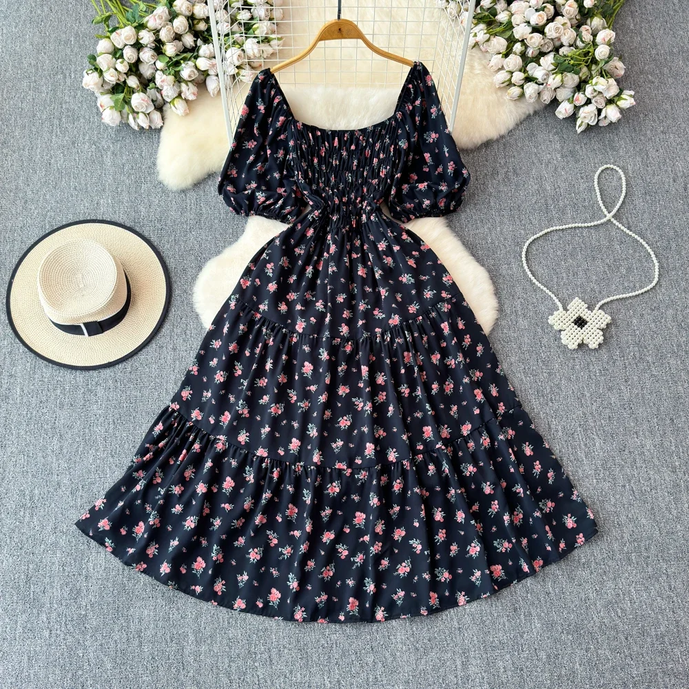 2026 nieuwe zomer bloemenprint lange jurk vrouwen vintage vierkante hals ruches borst sjerp bandage zonnejurk party vestidos