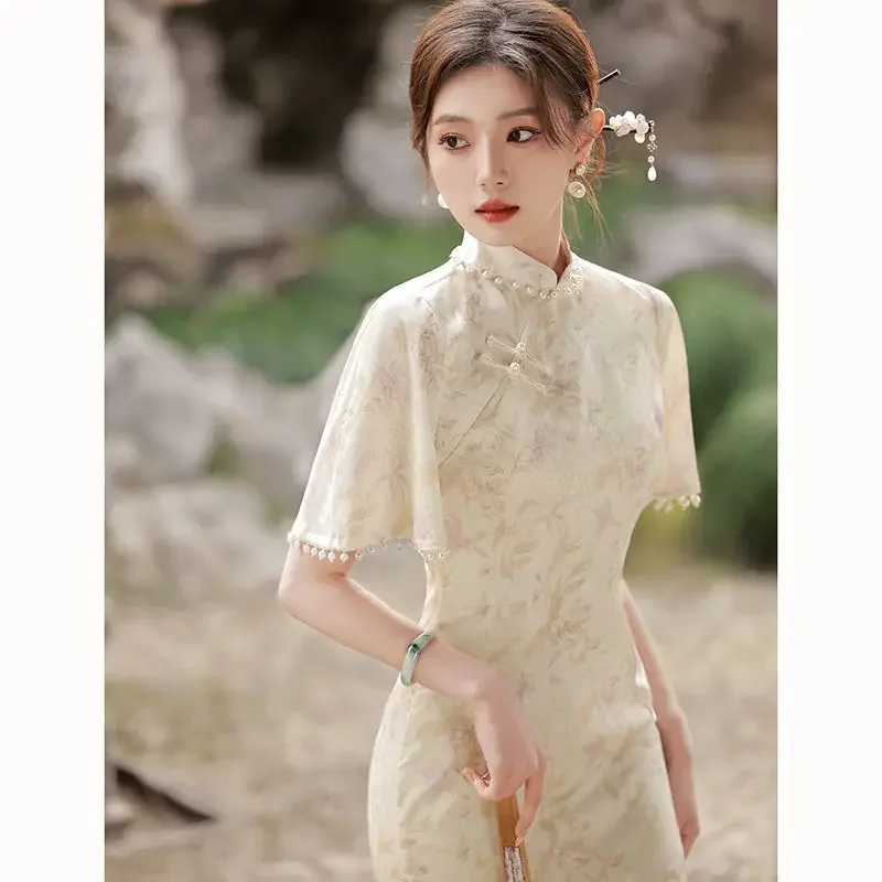 

New Chinese Cheongsam Qipao Traditional 2023 Improved Girls' Summer Elegant Floral Young Long Style Modern Dress