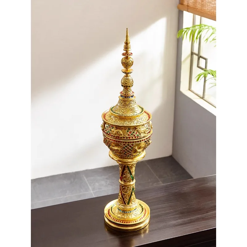 South East Asia style decoration treasure box, Thai light luxury gold foil wood storage decorative entrance ornament