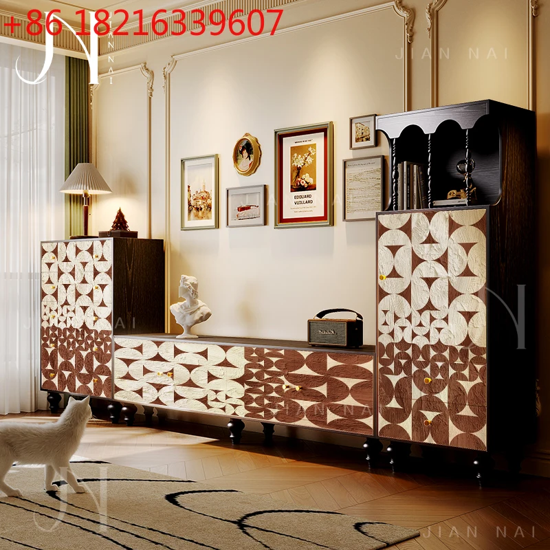 

French medieval style solid wood geometric art living room background high floor cabinet entrance bedroom