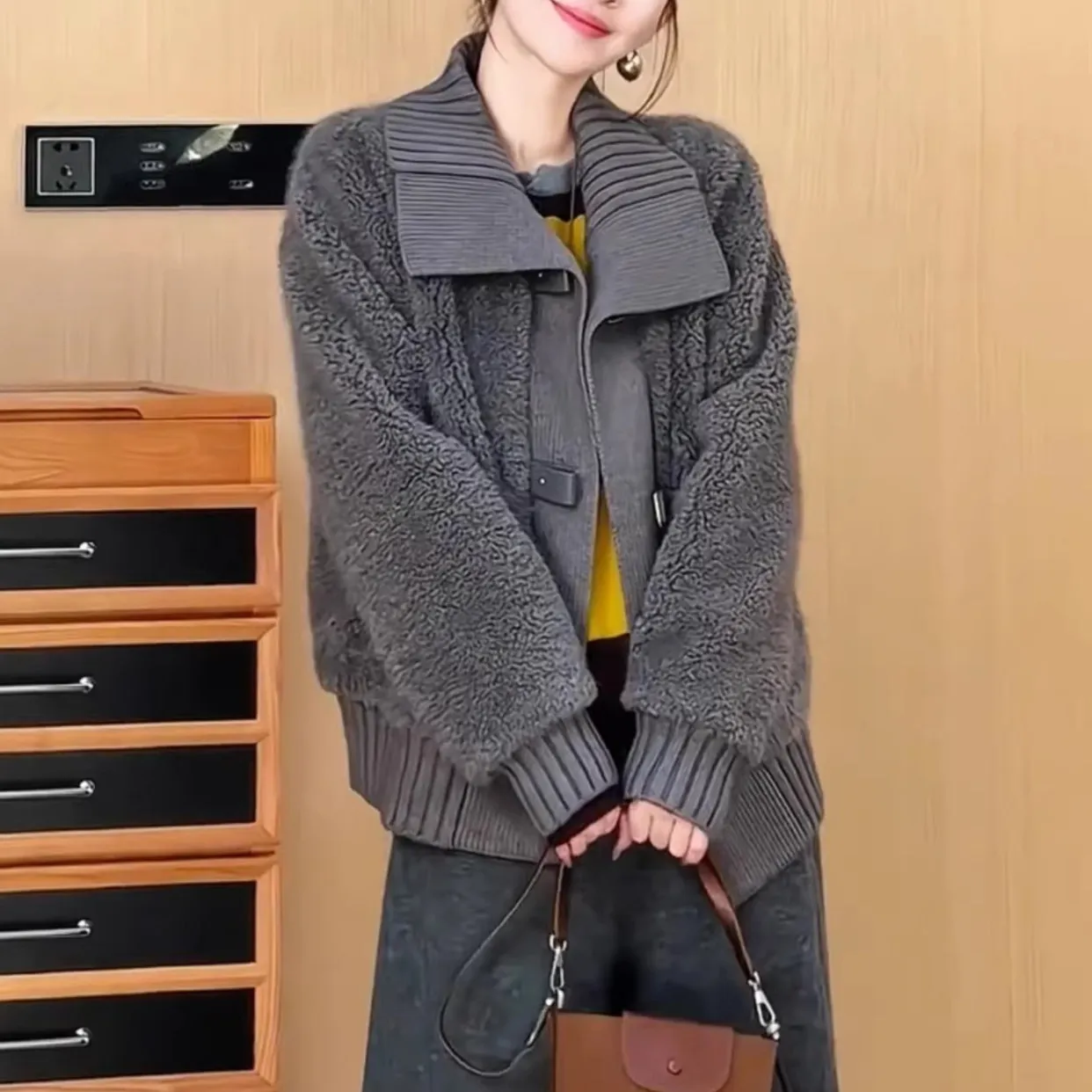 Women's Grey Faux Shearling Jacket 2026 New Knit Collar Buckle Detail Loose Fit Winter Teddy Coat Chic Commute Outerwear Lady view 6