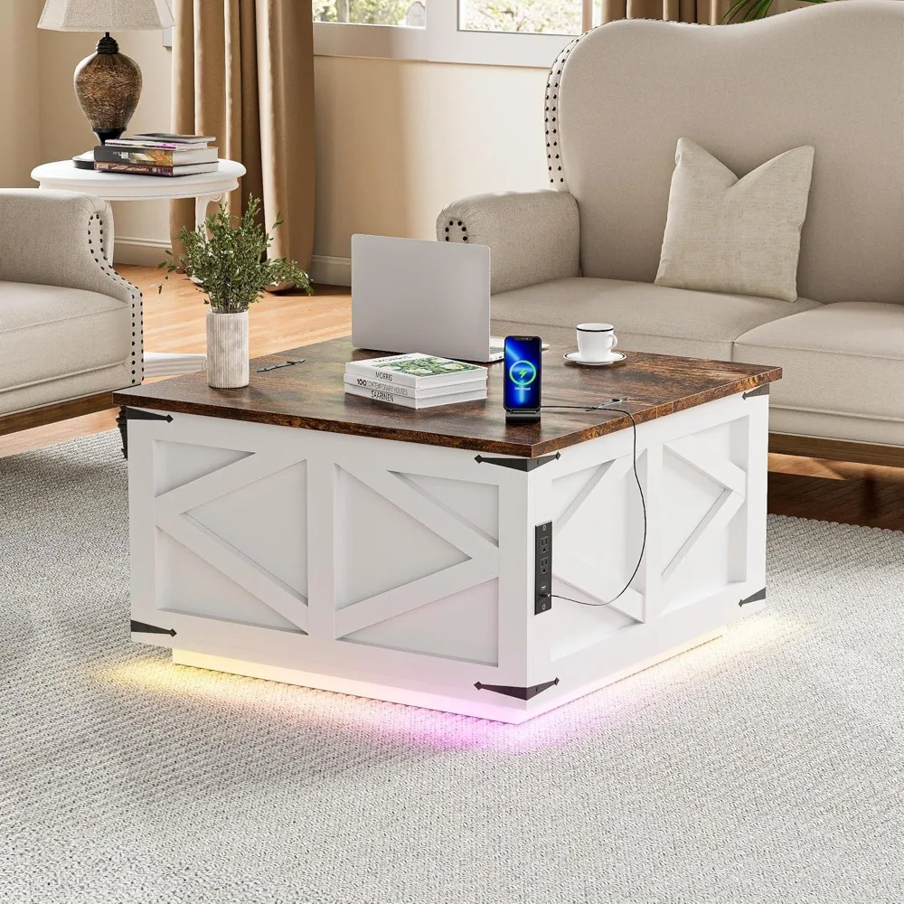 31.5 Inch White Farmhouse Style Coffee Table with Lift Top, LED Lighting, and Power Outlets, Square Storage Ottoman featuring US