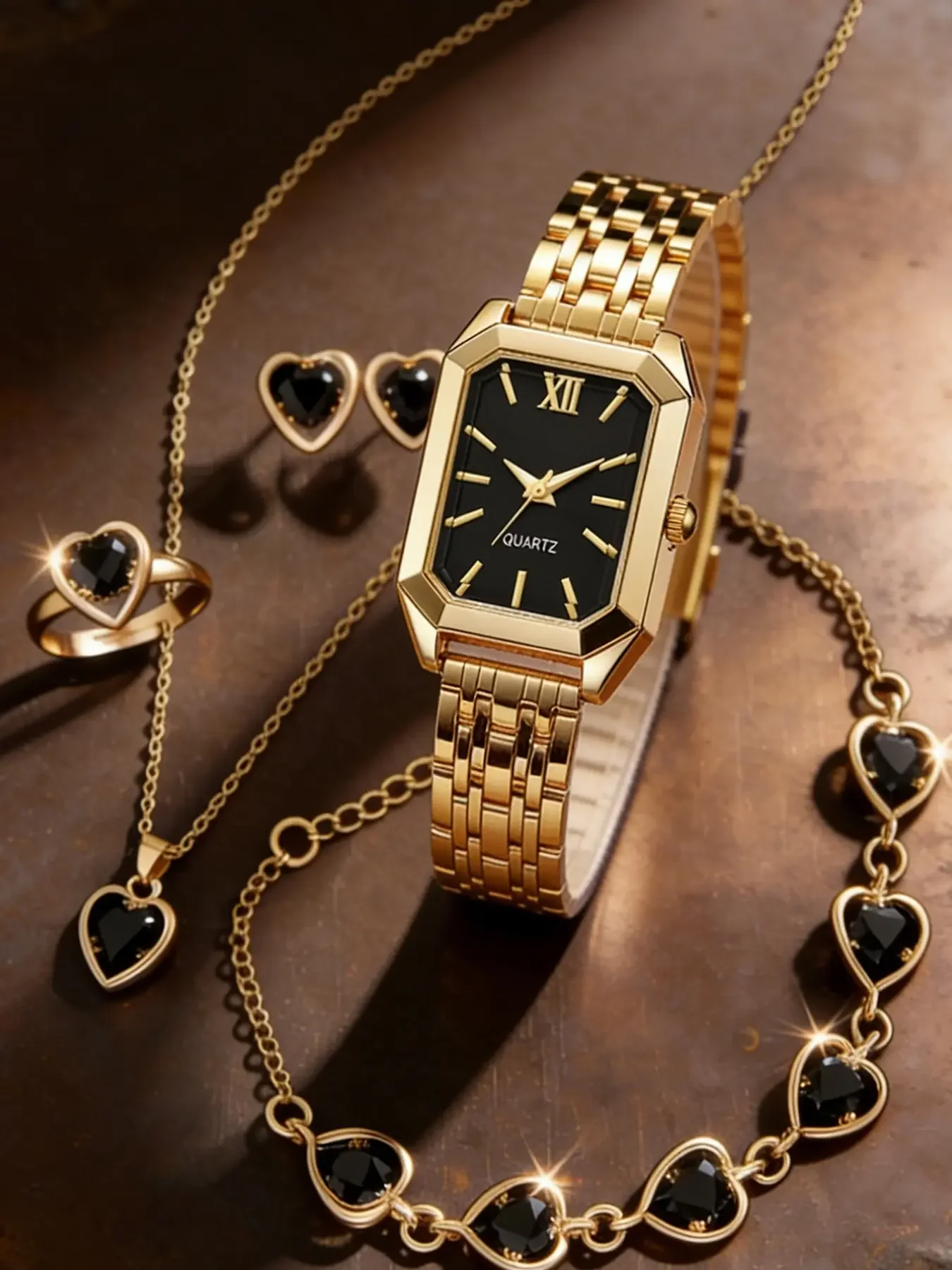 Light luxury steel strip women's watch pointer female student fashionable simple square quartz watch set