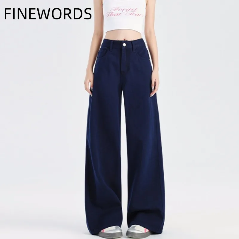 FINEWORDS Vintage High Waist Baggy Dark Blue Jeans Women Casual Korean Wide Leg Jeans Streetwear y2k punk Harajuku Denim Pants