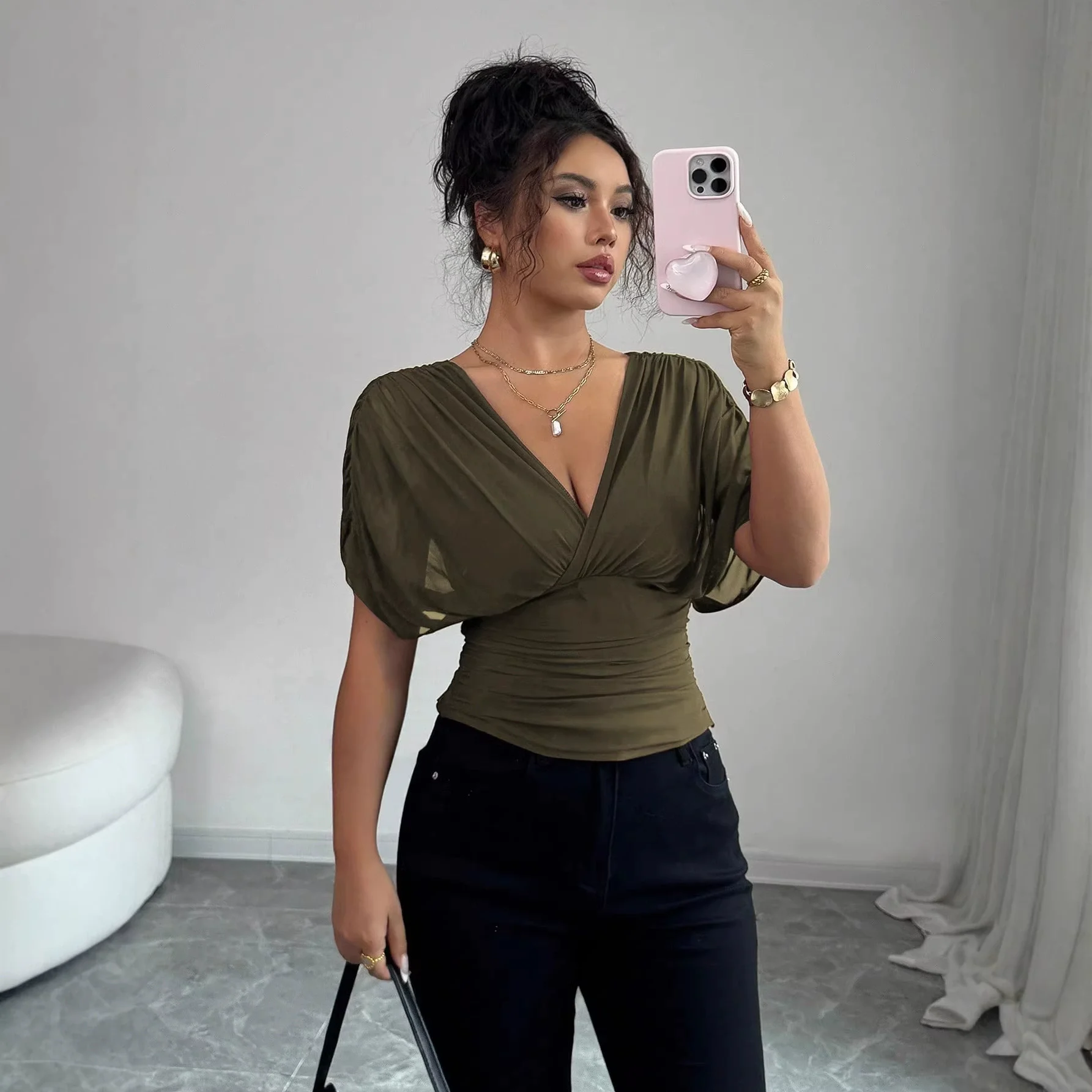 2026 Fashion Women's Blouses Elegant Hot Girl Solid Color Deep V-Neck Puff Short Sleeve Shirt Waist-Cinching Women's Ruched Tops