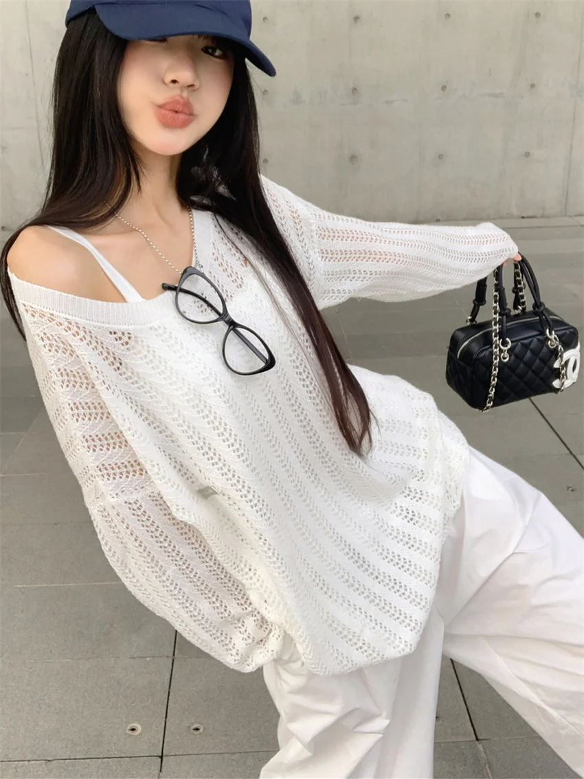 Alien Kitty Loose Hollow Out Sweaters Women Casual Knitted Gentle Office Lady Straight Wide Leg Pants Autumn Chic Slim Daily