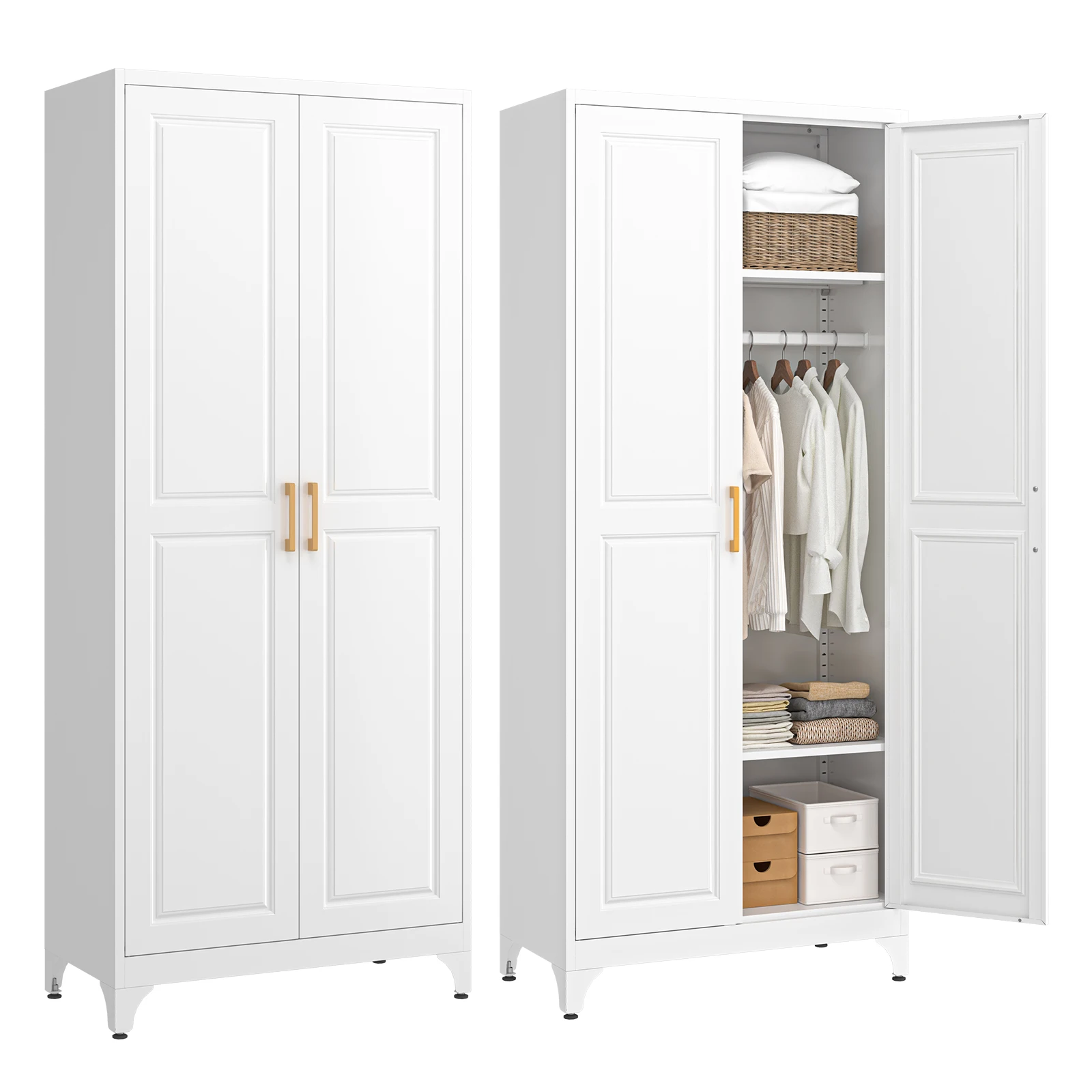 SteeLoong Adult Modern Steel Armoire Wardrobe Storage Closet with 2 Doors and Shelves White Clothes Storage Cabinet with Hanging Rod