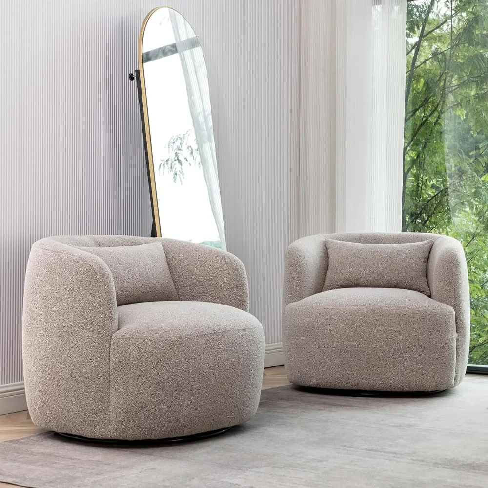 Swivel Barrel Chairs Set of 2, No Assembly Round Upholstered Armchairs Sofa Chair with Toss Pillow for Living Room and Bedroom