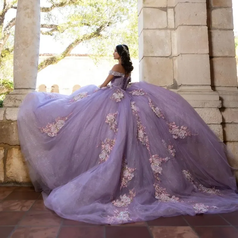 ANGELSBRIDEP сиреневые платья Quinceanera 2024 Кружевная аппликация бисером тюль Мексиканская Принцесса формальные милые платья 16 15 лет