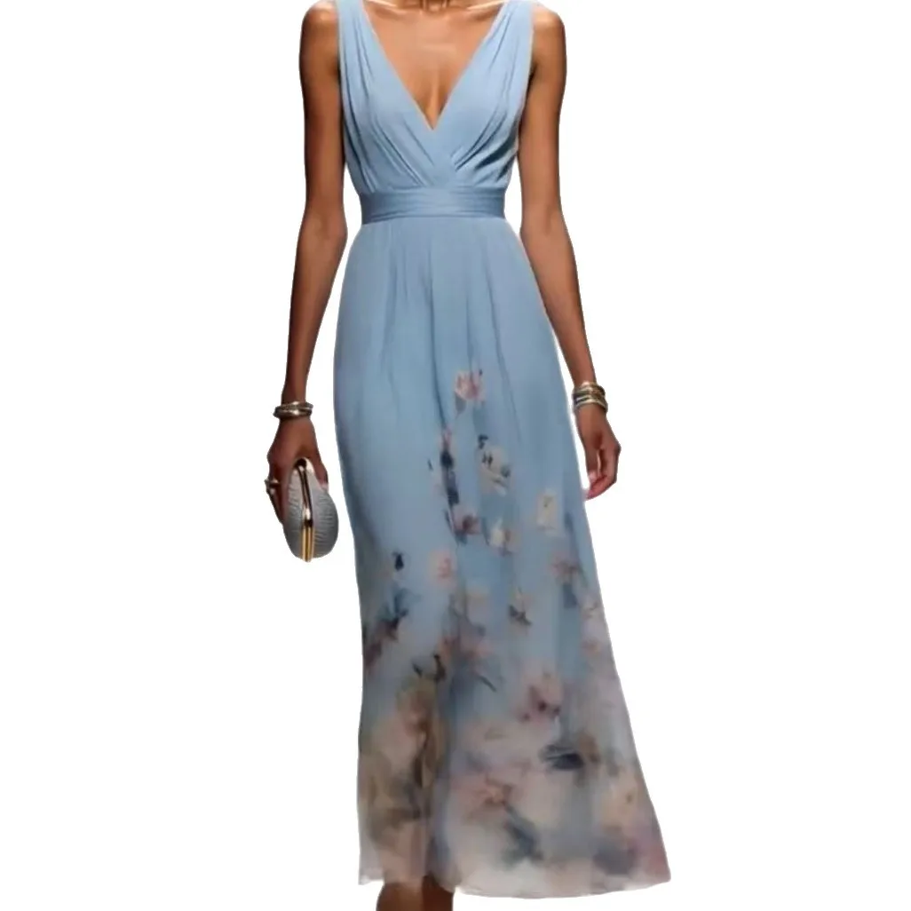 Nova moda vestidos de festa profundo decote em v floral impressão plissado sem mangas uma linha vestido de praia cintura alta verão sexy vestido feminino