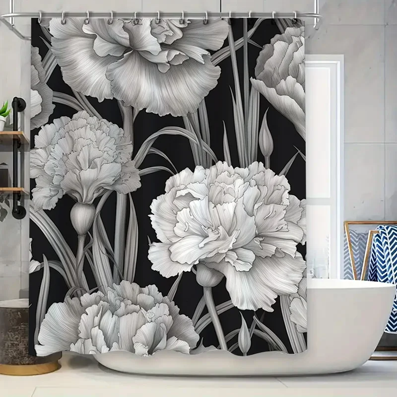 

Floral Bathroom Shower Curtain Modern Black White Design with Peonies Flowers for Home Decor Size69x72 inches (180x183cm)
