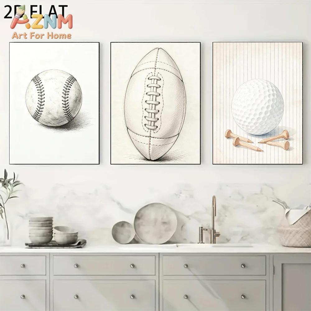 AZNM Frameless Canvas Wall Art, Pencil Sketch Baseball Football Golf Ball Print, Minimalist Sports Ball Wall Decor for Living Ro