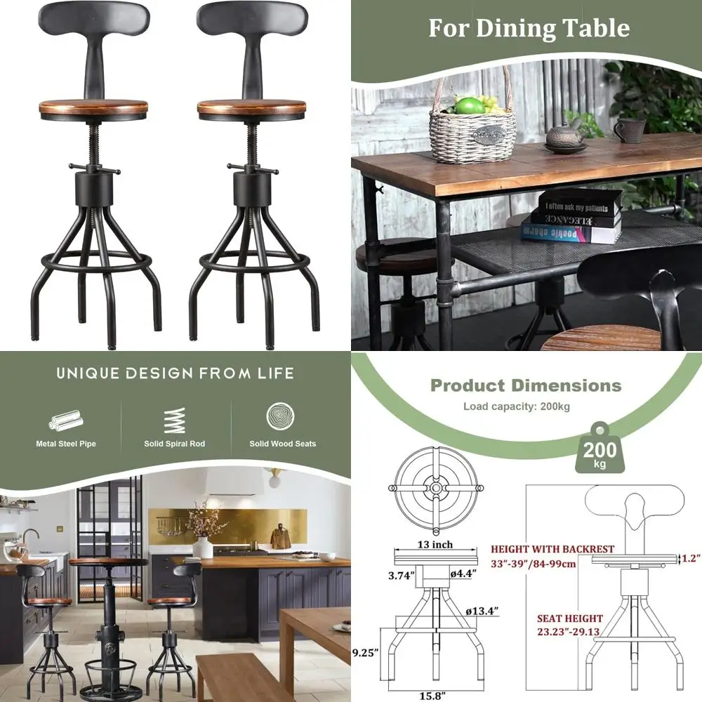

Pair of Vintage-Style Adjustable Metal Swivel Bar Stools with Wooden Seats, 24-30 Inches Tall, Suitable for Counter and Bar Heig