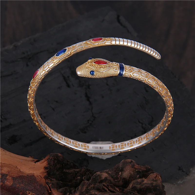 High quality 999 sterling silver enamel gold spirit snake ancient method women's bracelet for wealth and jewelry gifts