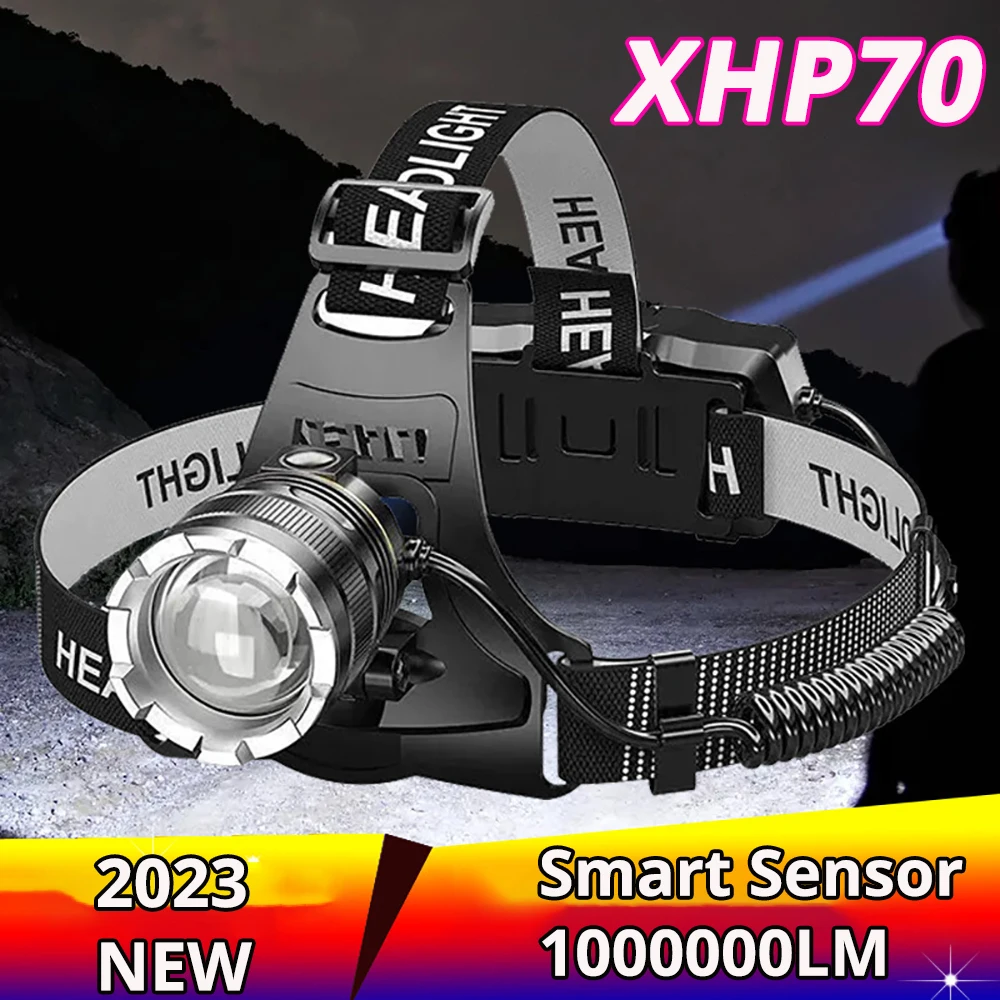 9000 Meters LED Headlamp Sensor XHP70 Most Powerful Flashlight USB Rechargeable Head Lamp Torch Light Lantern 1000000 Lumens