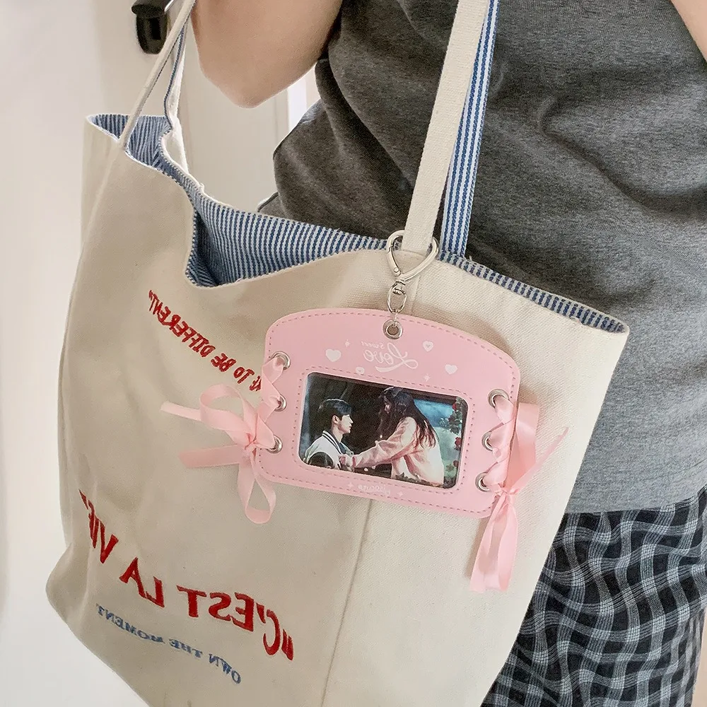 DIY Ballet Ribbon Korean Photocard Holder With Keychain Love Heart Pendant Photo Photocard Frame Hanging Decoration Picture